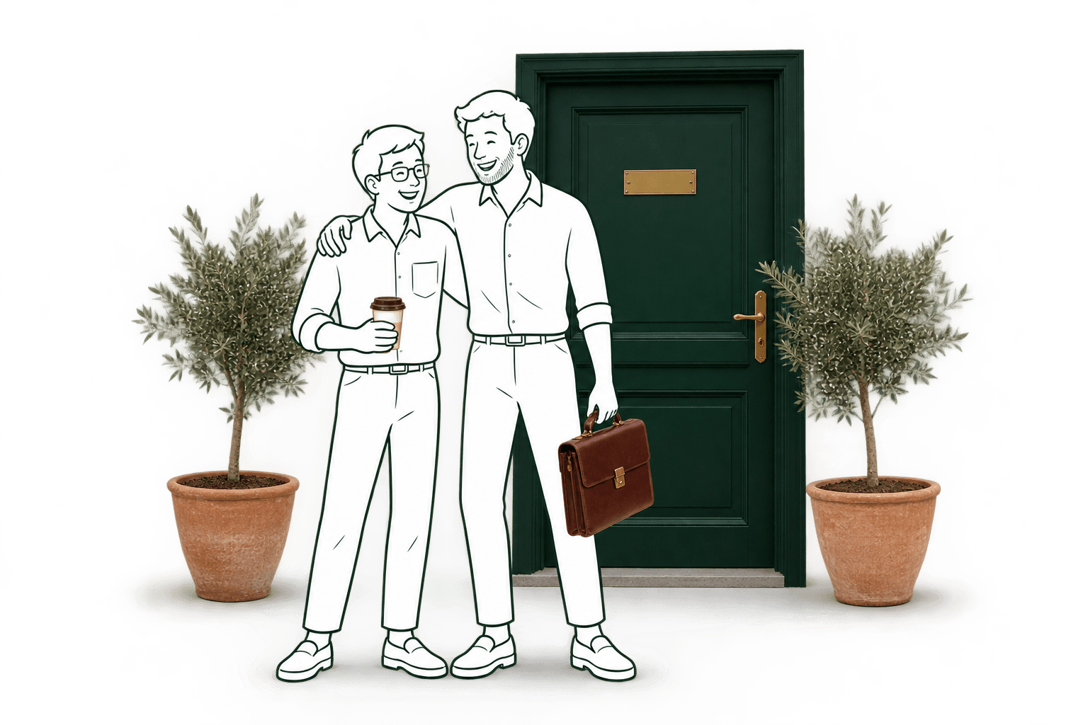 Illustration de deux conseillers associés, souriants, bras dessus bras dessous devant la porte de leur cabinet.
