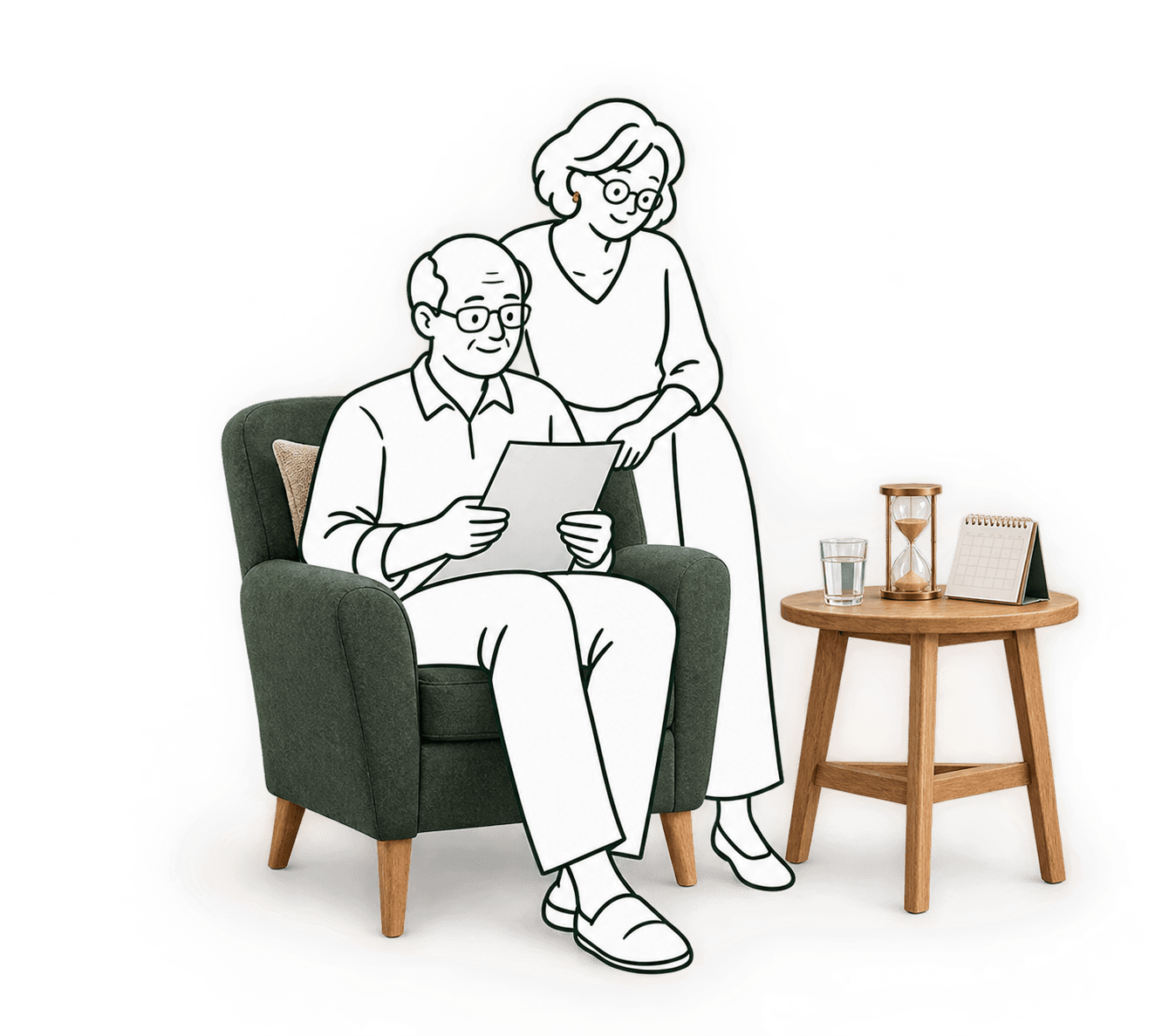 Illustration d'un couple de jeunes retraités consultant ensemble un relevé de carrière, près d'un sablier.