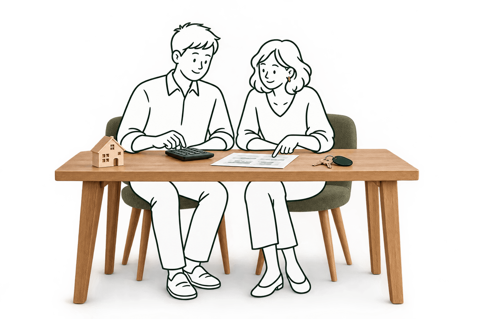 Illustration d'un couple préparant le budget de son achat immobilier, autour d'une maquette de maison.