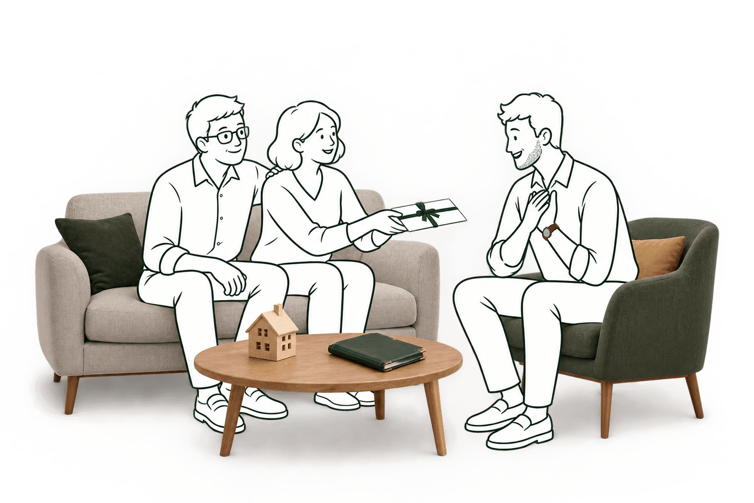 Illustration de parents remettant une enveloppe à leur fils adulte, dans leur salon.