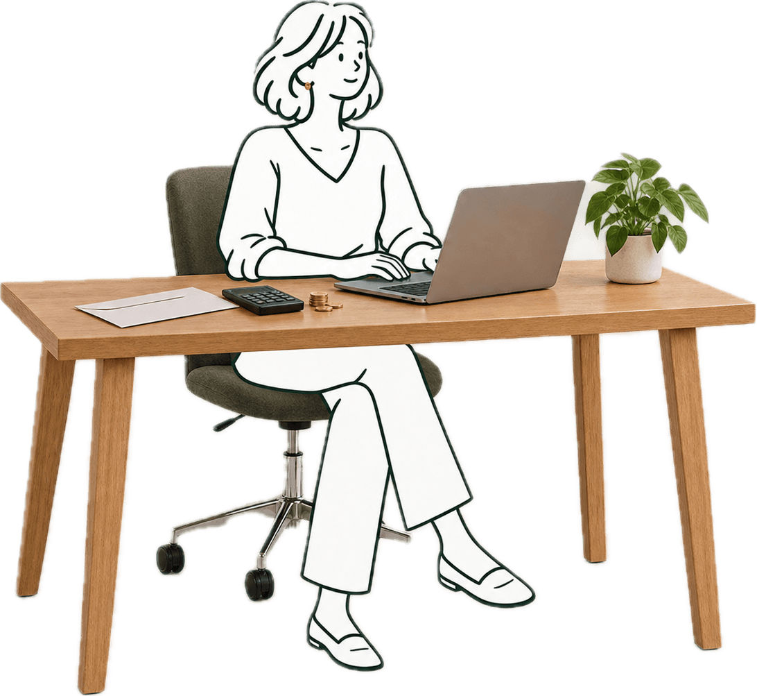 Illustration d'une femme travaillant sereinement à son bureau sur ordinateur, avec calculatrice et avis d'imposition.