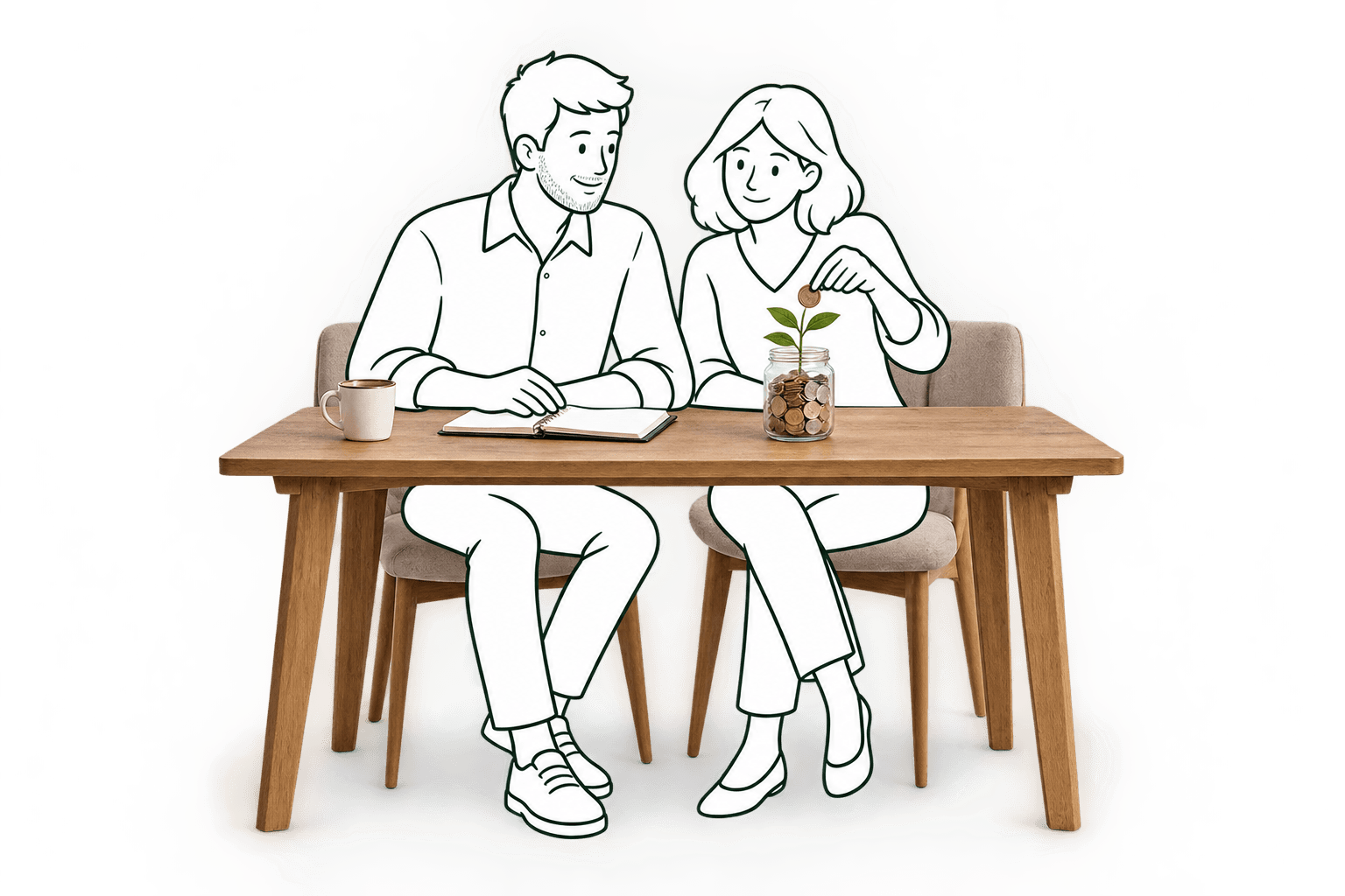 Illustration d'un couple glissant une pièce dans un bocal d'épargne d'où pousse une jeune plante.