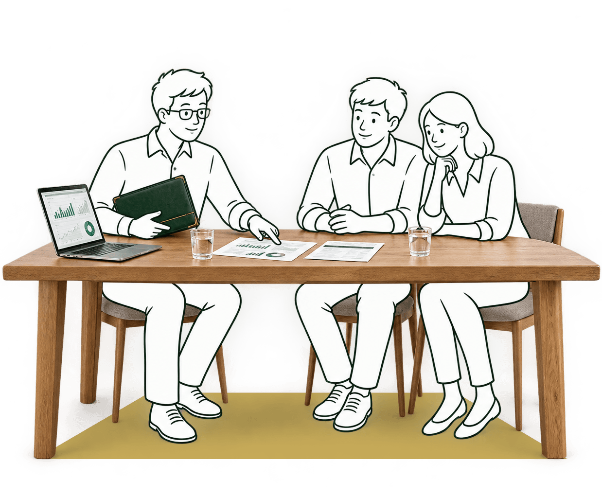 Un conseiller échange avec un couple autour de documents et de graphiques.