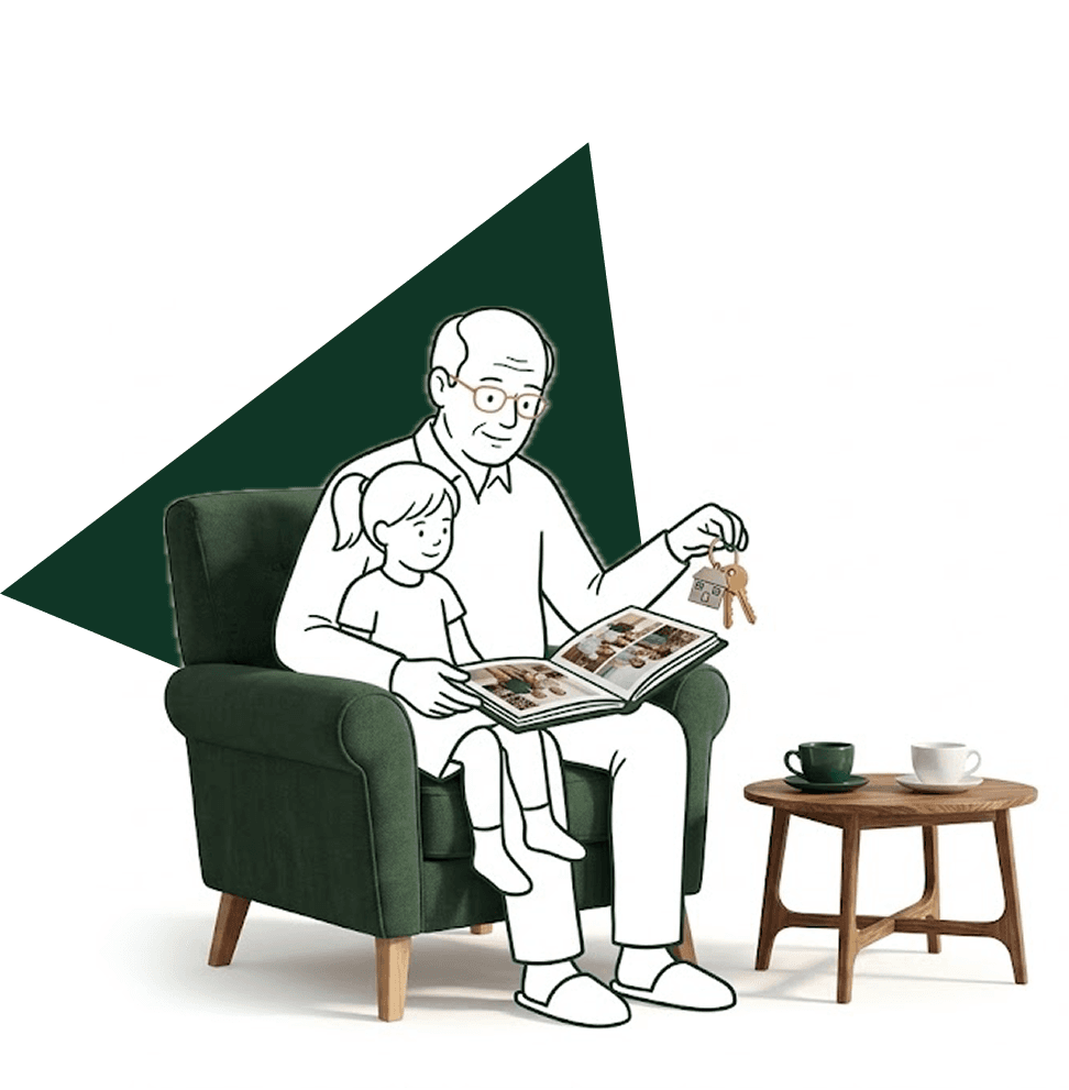Illustration d'un grand-père transmettant un album de famille et les clés de la maison à sa petite-fille.